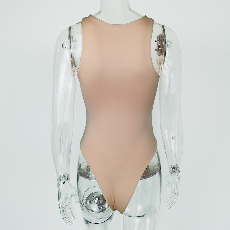 High Leg Cut Sleeveless Crew Neck Bodysuit - Apricot - 4