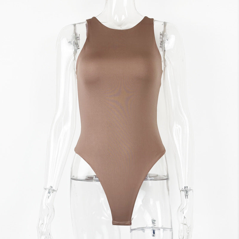High Leg Cut Sleeveless Crew Neck Bodysuit - Coffee