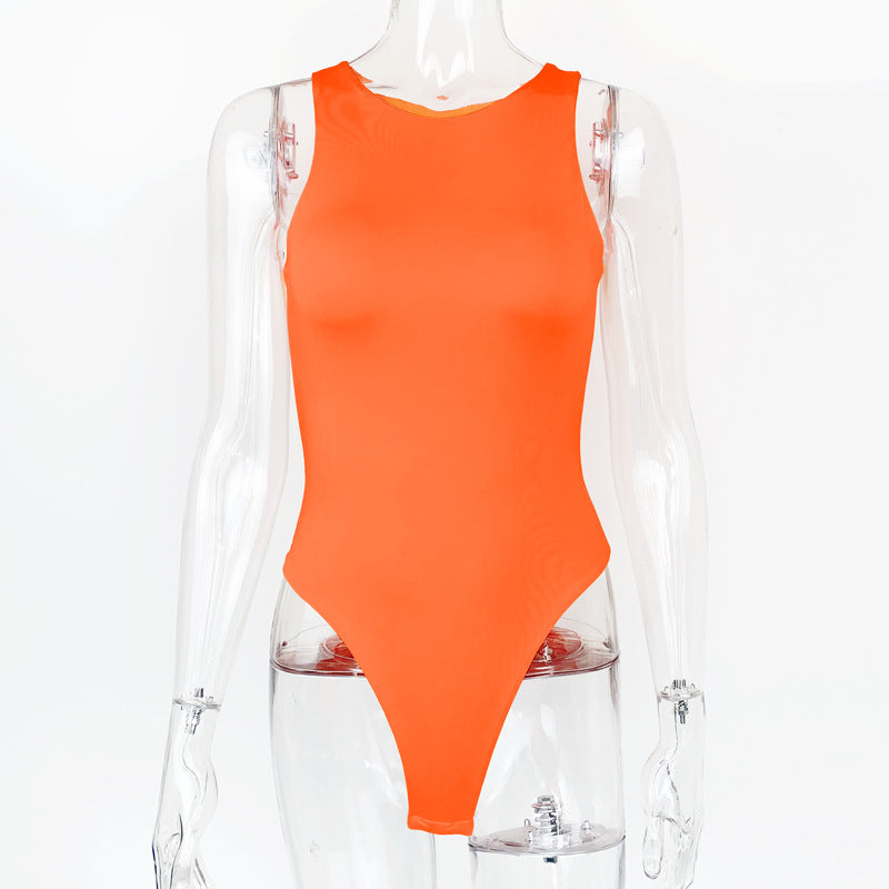 High Leg Cut Sleeveless Crew Neck Bodysuit - Orange