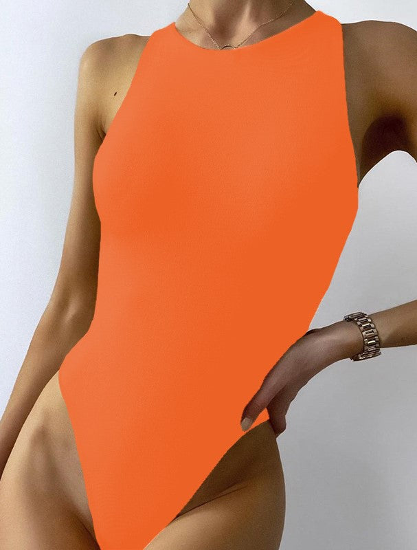 High Leg Cut Sleeveless Crew Neck Bodysuit - Orange - 3