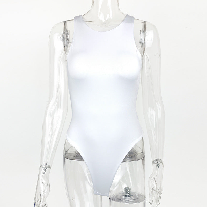 High Leg Cut Sleeveless Crew Neck Bodysuit - White