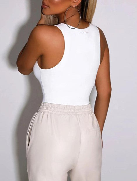 High Leg Cut Sleeveless Crew Neck Bodysuit - White - 2