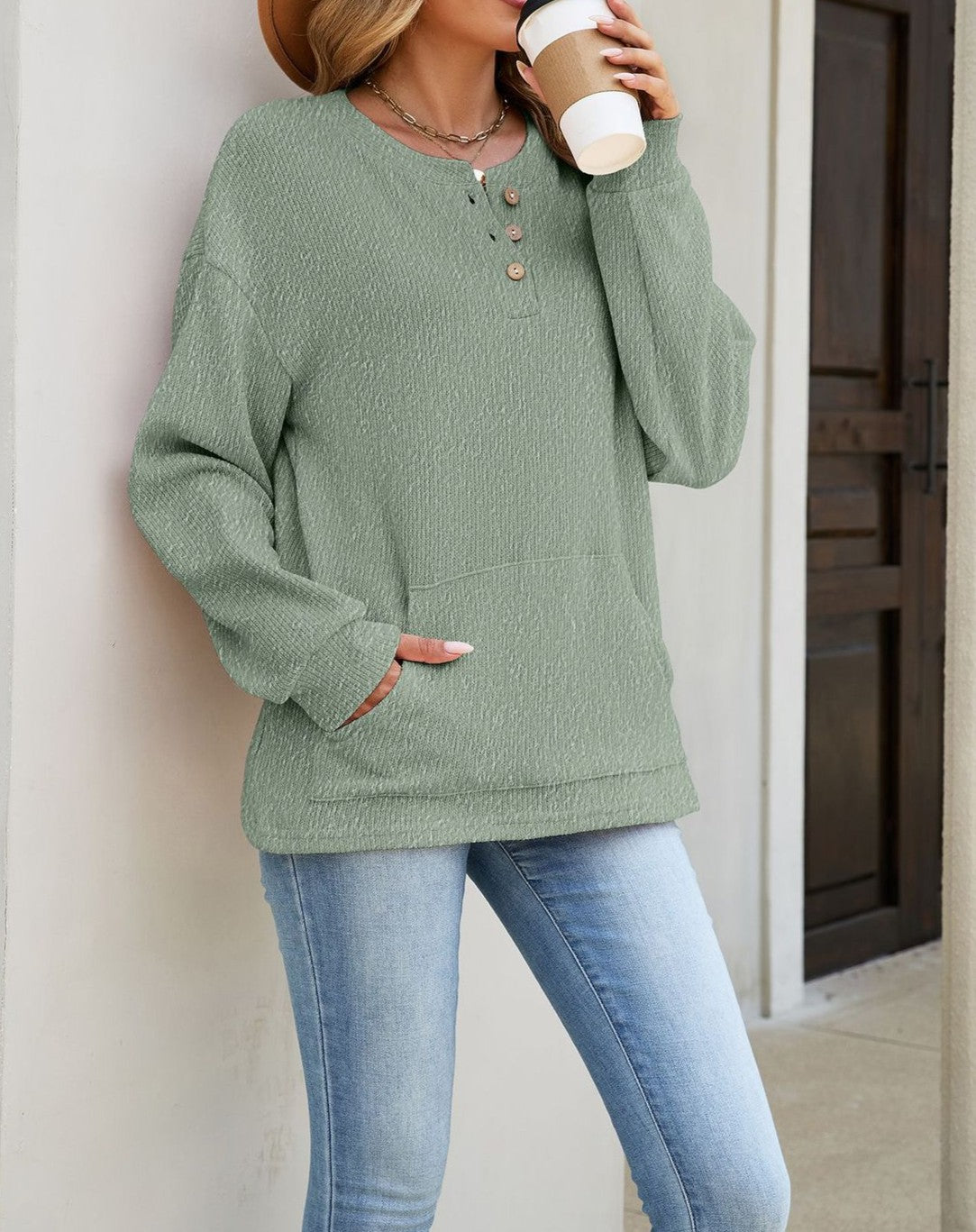 Button Henley Sweatshirt With Kangaroo Pocket - Green