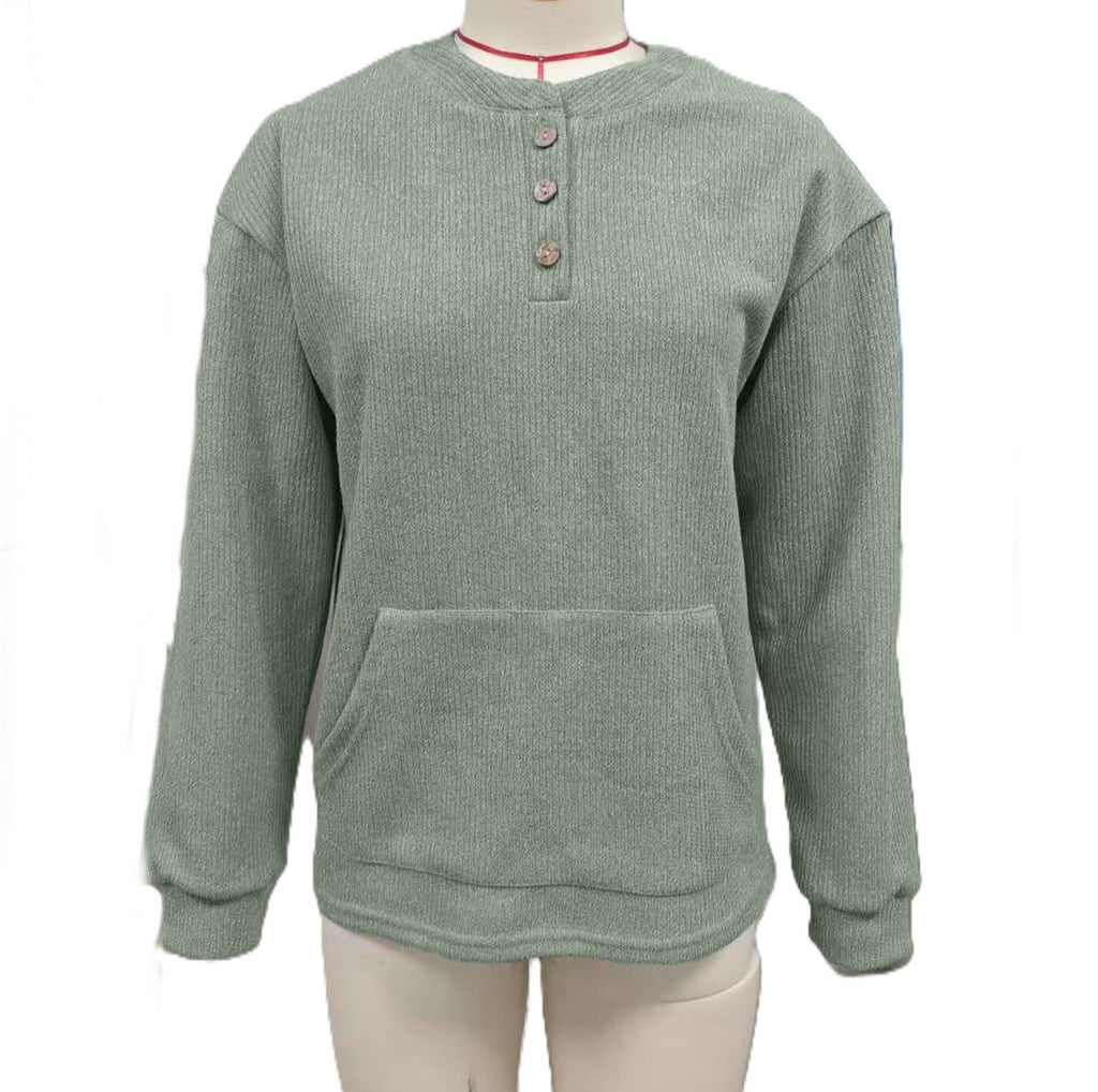 Button Henley Sweatshirt With Kangaroo Pocket - Green - 1