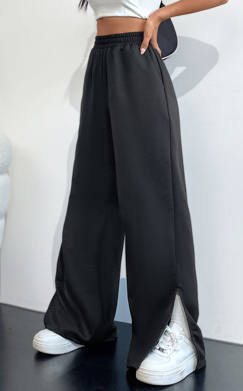 Elastic Waist Split Hem Wide Leg Trousers - Black