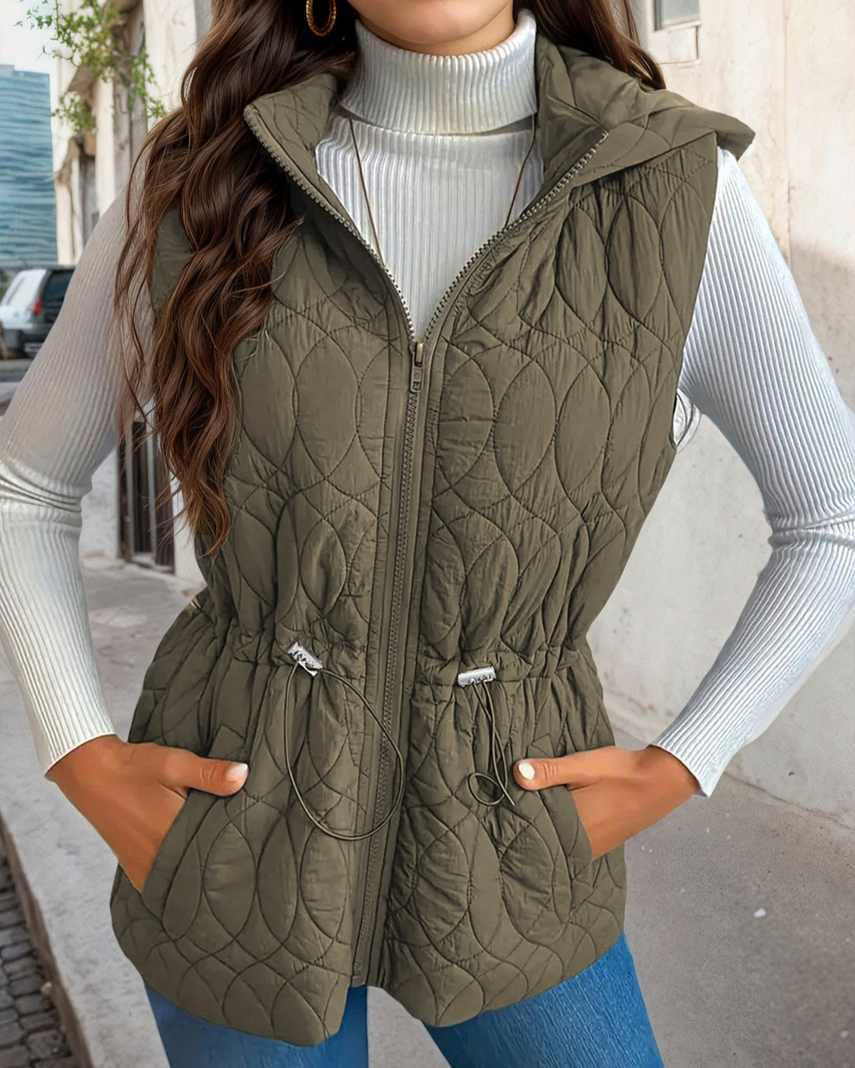 Sleeveless Hooded Puffer Jacket Drawstring Waist - Green