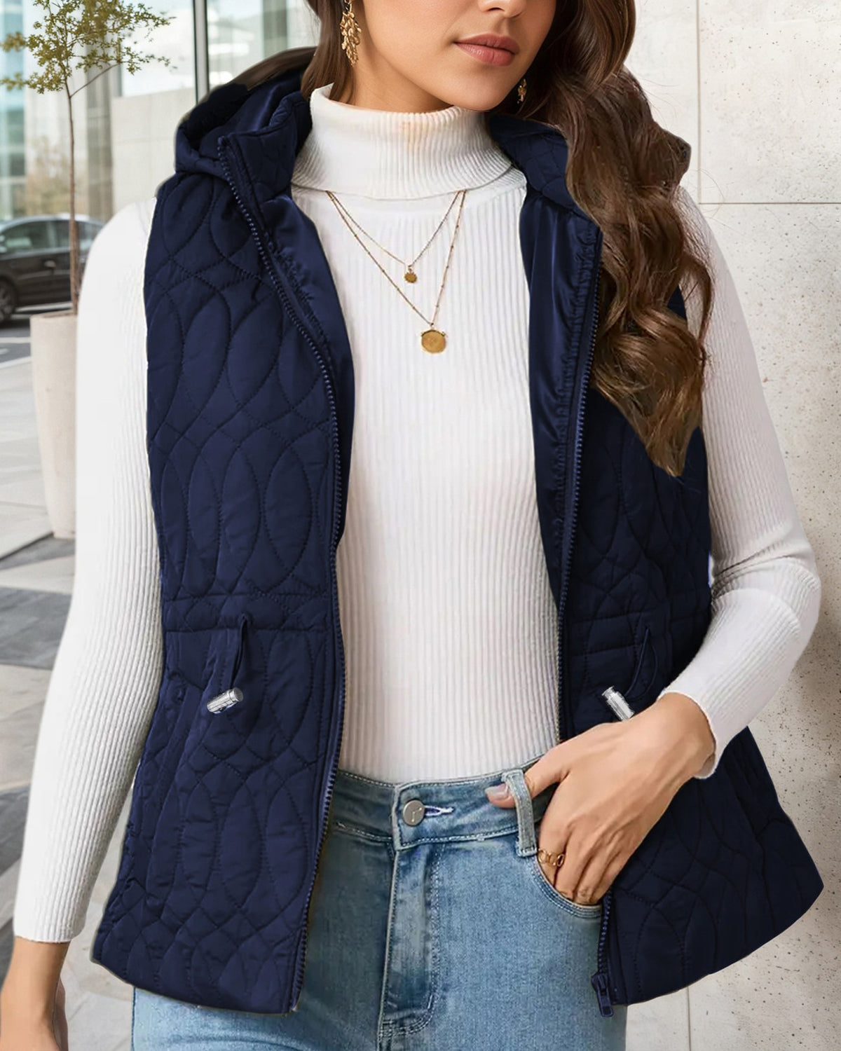 Sleeveless Hooded Puffer Jacket Drawstring Waist - Navy-Blue