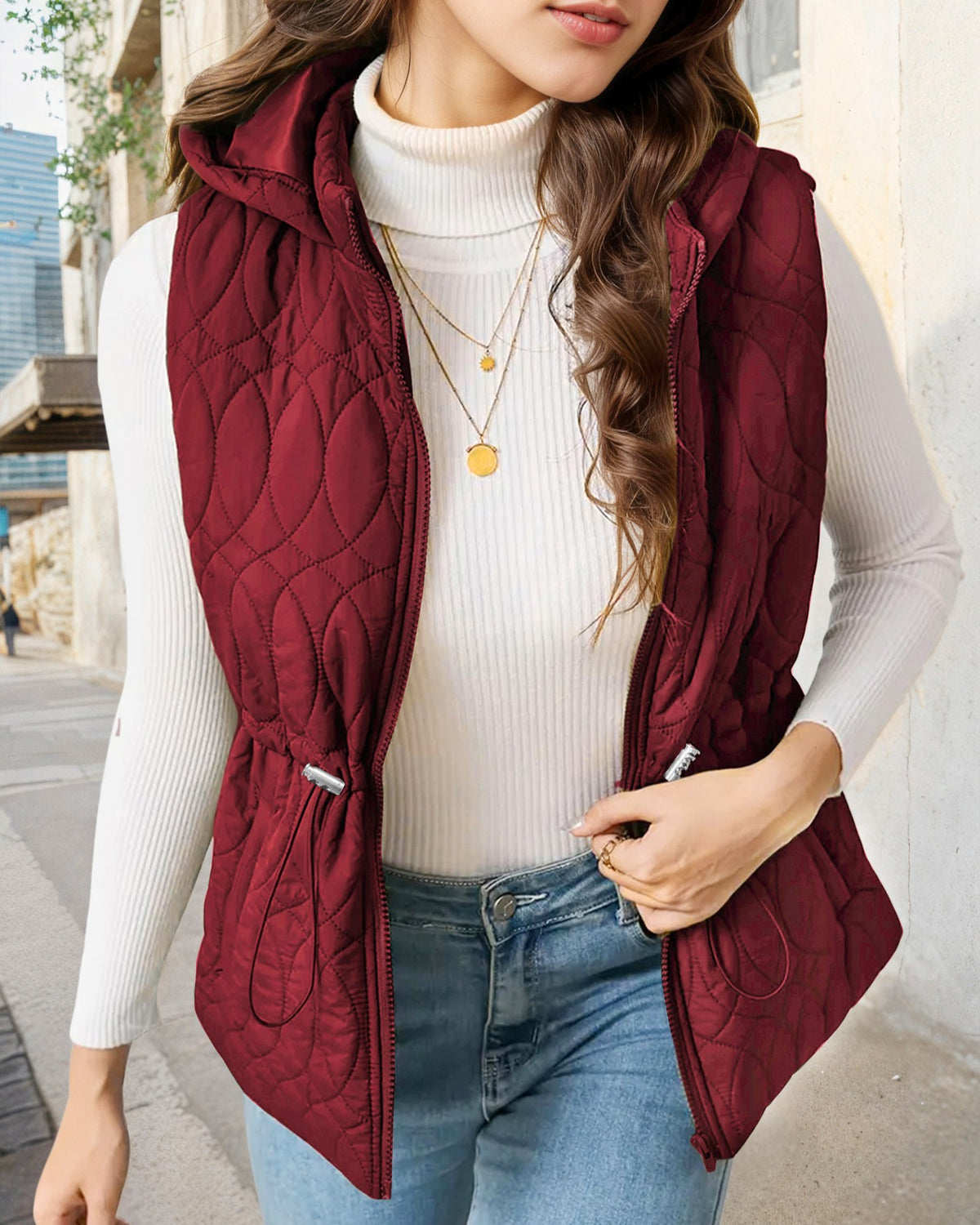 Sleeveless Hooded Puffer Jacket Drawstring Waist - Wine-Red