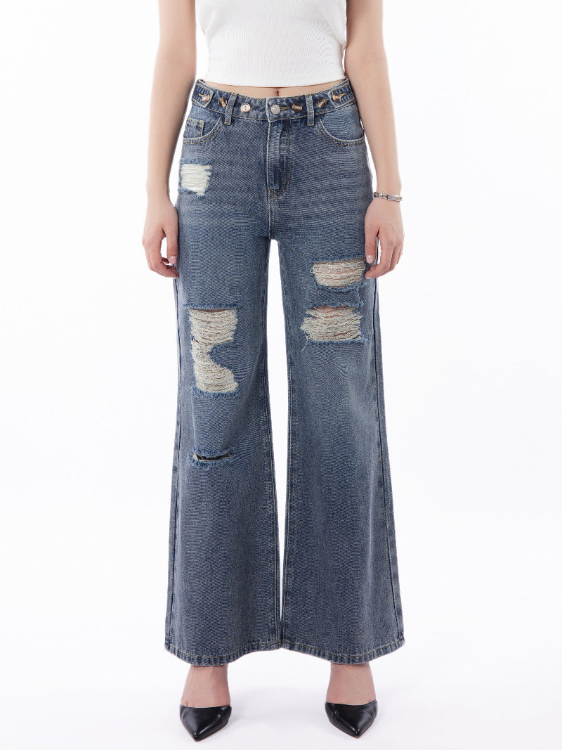 Distressed Ripped Wide Leg Baggy Jeans - Grey