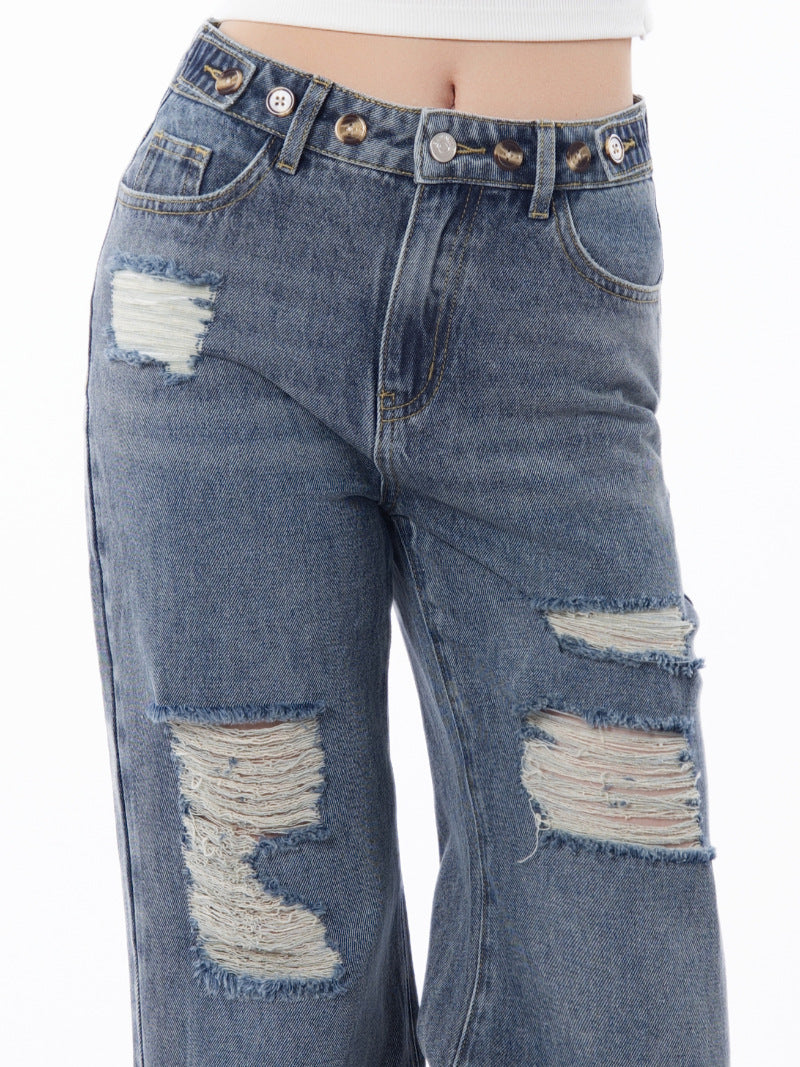 Distressed Ripped Wide Leg Baggy Jeans - Grey - 1