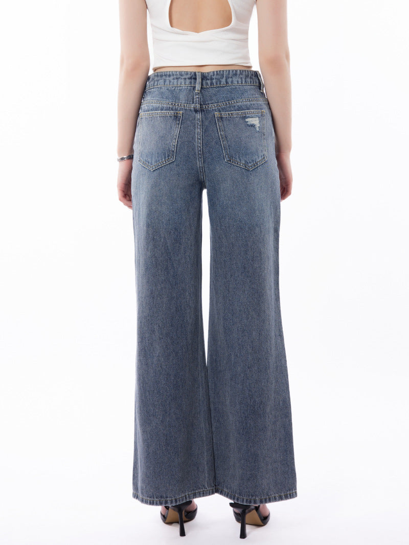 Distressed Ripped Wide Leg Baggy Jeans - Grey - 2