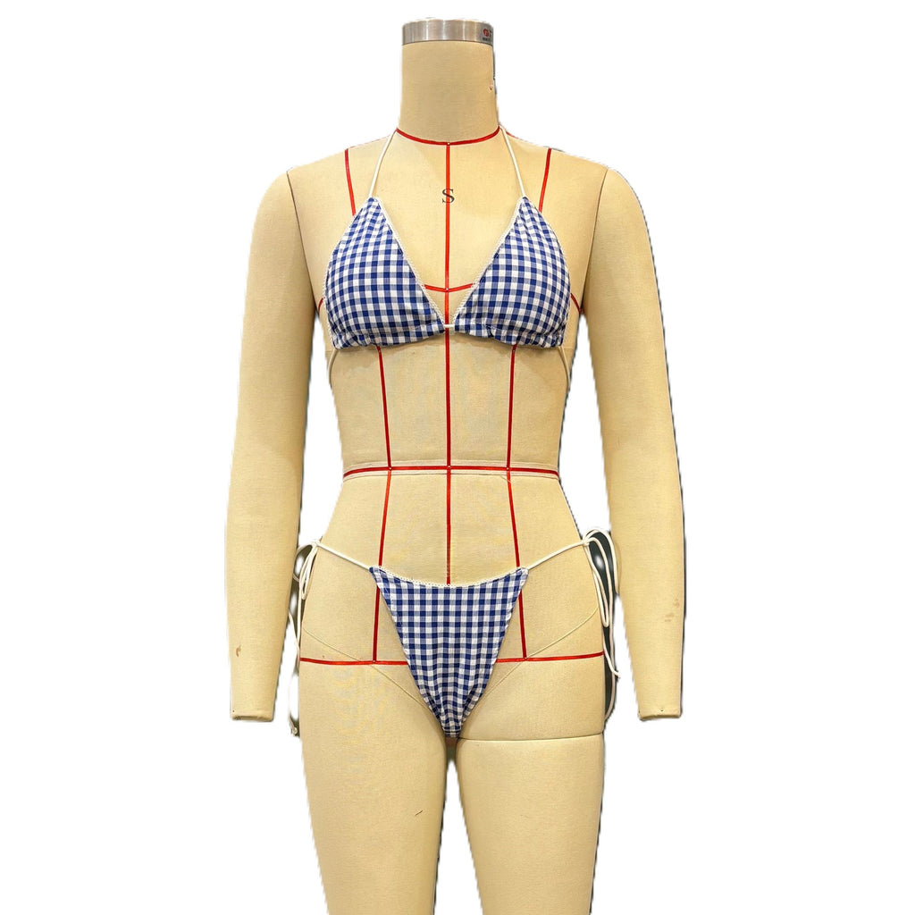Gingham Triangle String Bikini Set - Blue - 2
