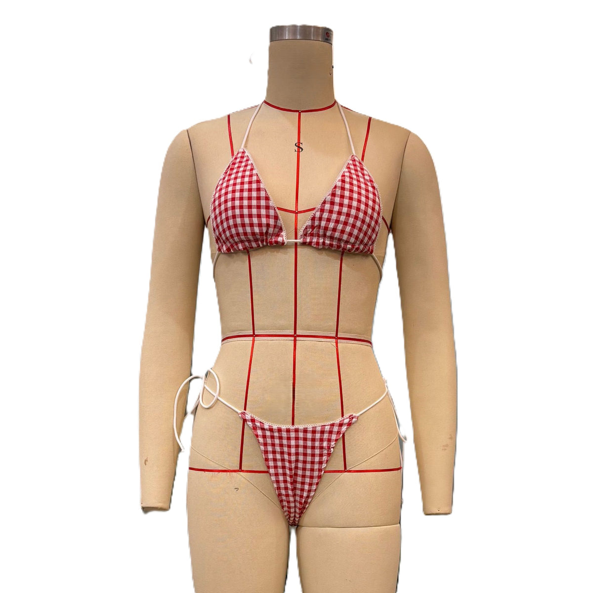 Gingham Triangle String Bikini Set - Red - 2