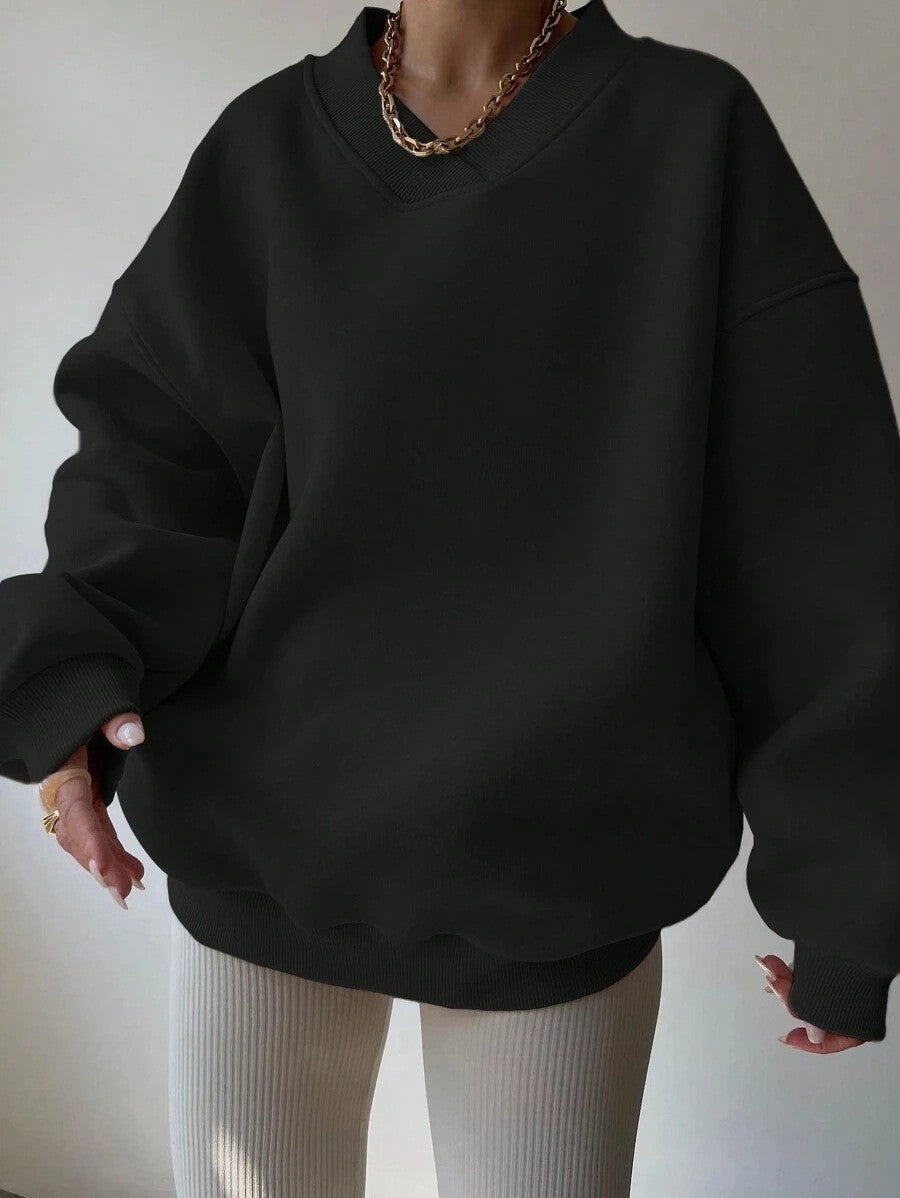 Oversized V Neck Drop Shoulder Gym Sweatshirt - Black