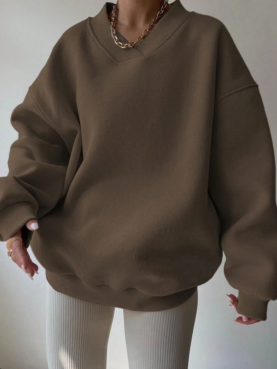 Oversized V Neck Drop Shoulder Gym Sweatshirt - Brown
