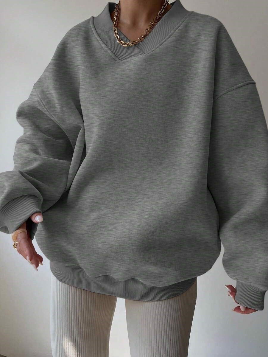 Oversized V Neck Drop Shoulder Gym Sweatshirt - Gray