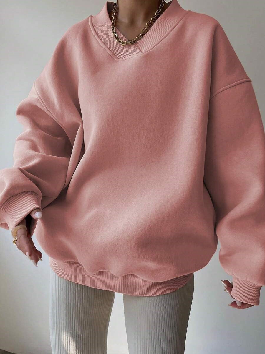 Oversized V Neck Drop Shoulder Gym Sweatshirt - Pink