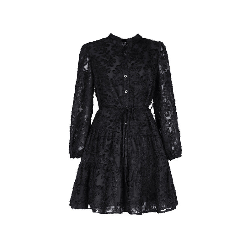 Floral Lace Tiered Long Sleeve Mini Dress - Black