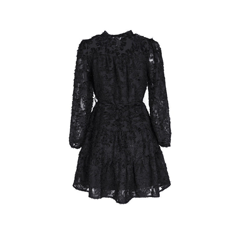 Floral Lace Tiered Long Sleeve Mini Dress - Black - 2