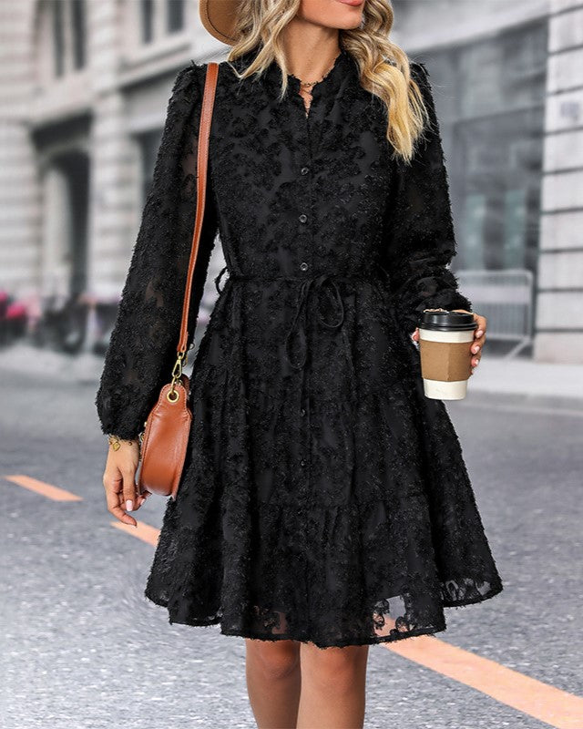Floral Lace Tiered Long Sleeve Mini Dress - Black - 3