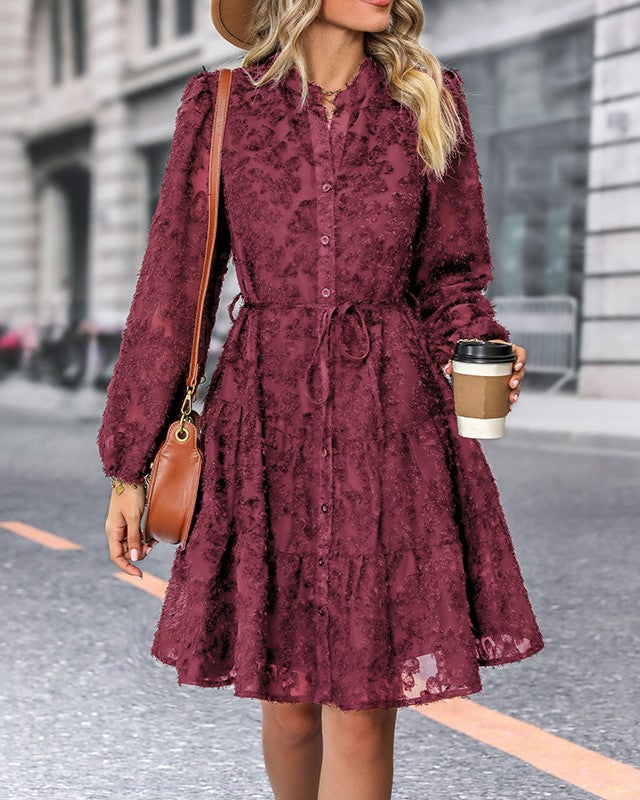 Floral Lace Tiered Long Sleeve Mini Dress - Burgundy