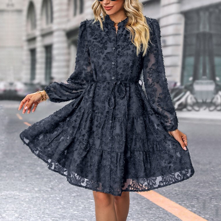 Floral Lace Tiered Long Sleeve Mini Dress - DarkBlue