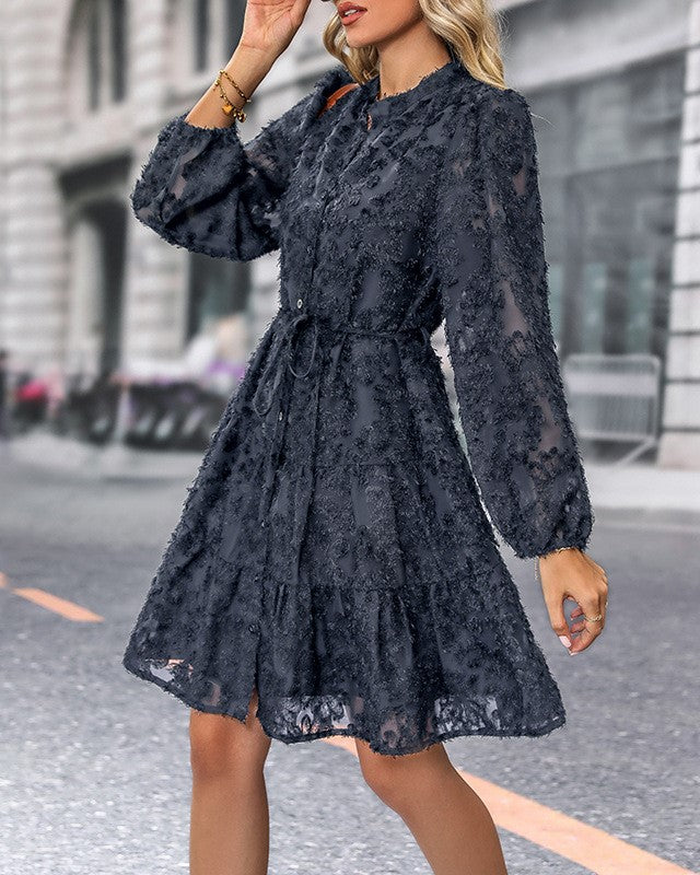 Floral Lace Tiered Long Sleeve Mini Dress - DarkBlue - 1