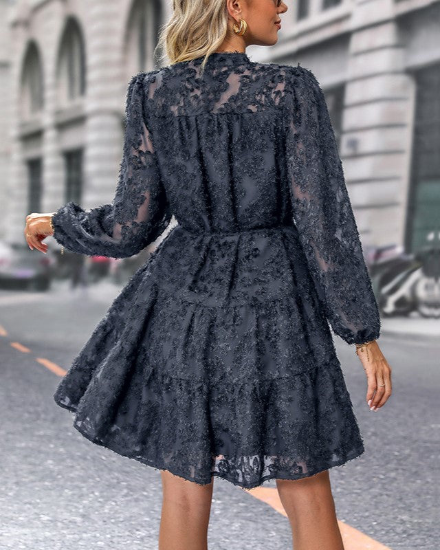 Floral Lace Tiered Long Sleeve Mini Dress - DarkBlue - 2
