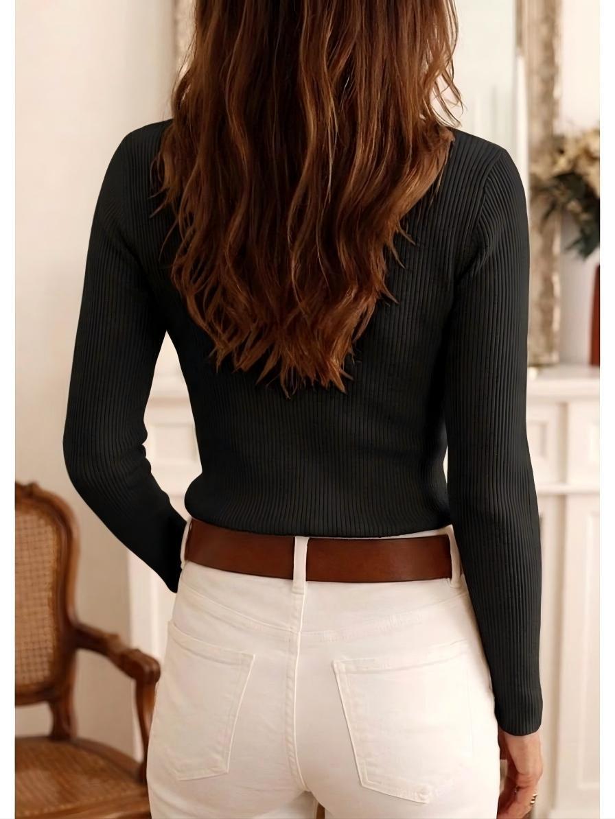 Scalloped V Neck Slim Rib Knit Top - Black - 2