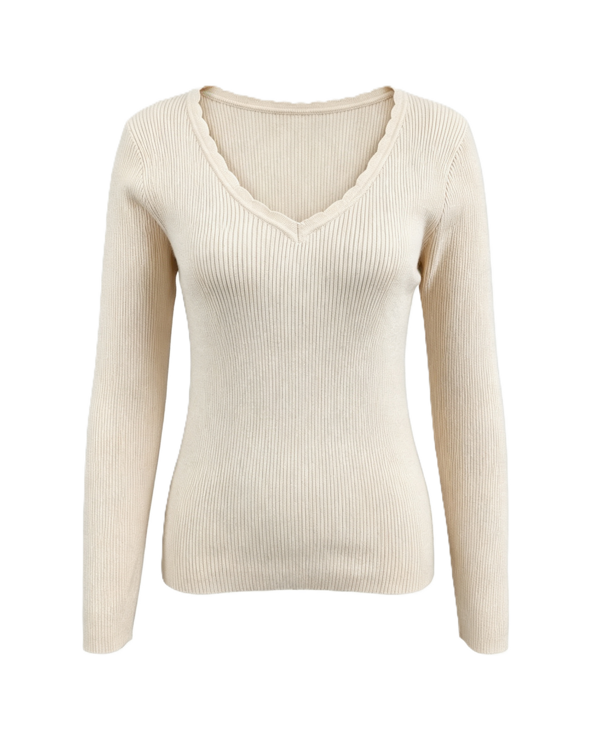 Scalloped V Neck Slim Rib Knit Top - Khaki
