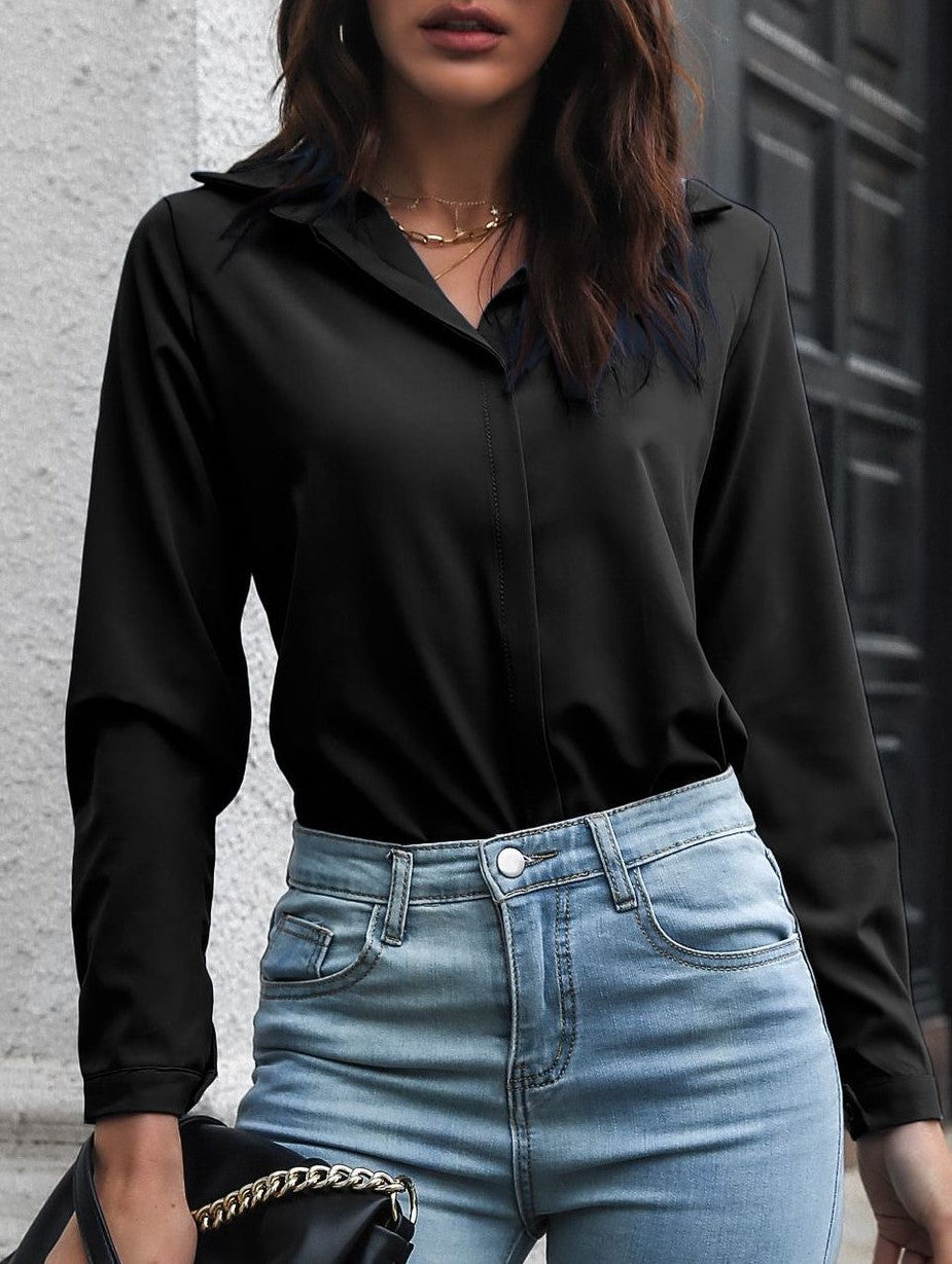 Lapel Collar Hidden Placket Long Sleeve Shirt - Black - 2