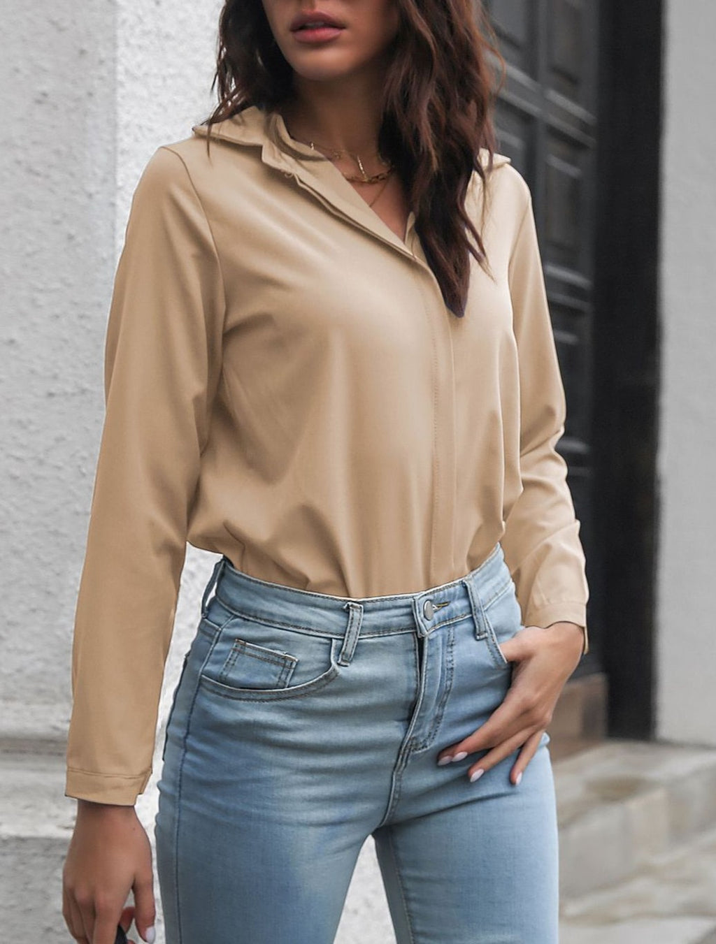 Lapel Collar Hidden Placket Long Sleeve Shirt - Khaki