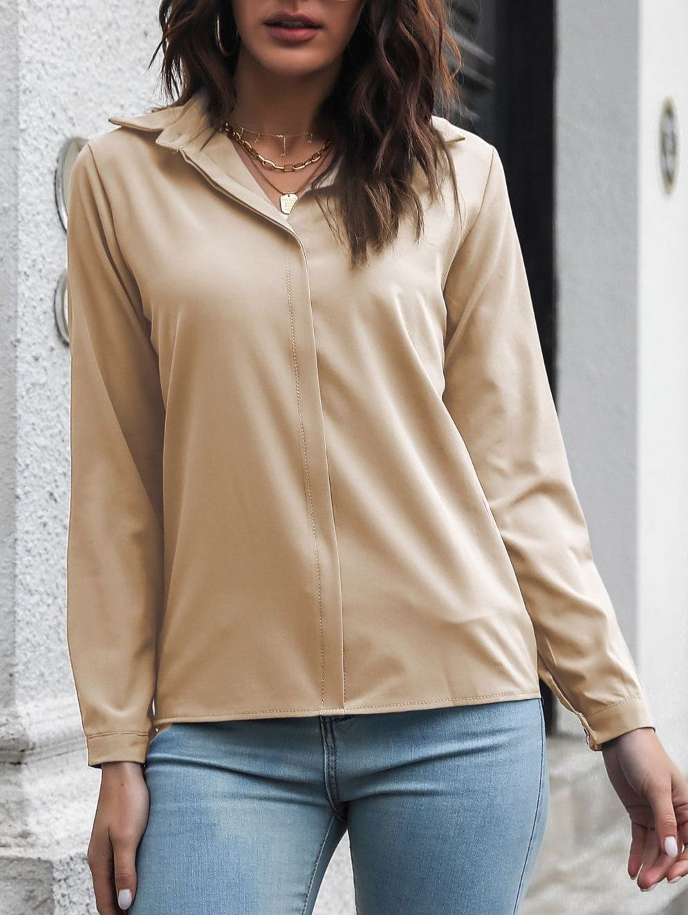 Lapel Collar Hidden Placket Long Sleeve Shirt - Khaki - 1