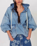 Oversized Washed Denim Pullover Hoodie - Blue