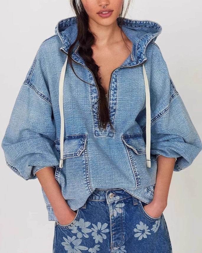 Oversized Washed Denim Pullover Hoodie - Blue