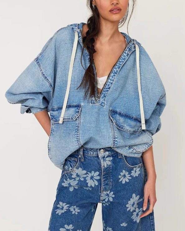Oversized Washed Denim Pullover Hoodie - Blue - 1