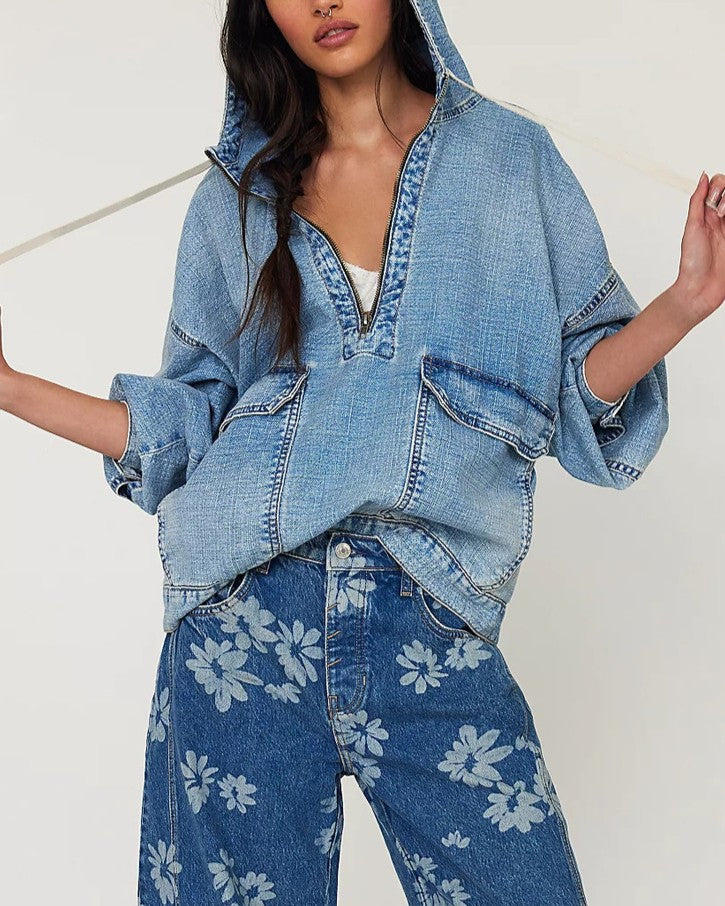 Oversized Washed Denim Pullover Hoodie - Blue - 2