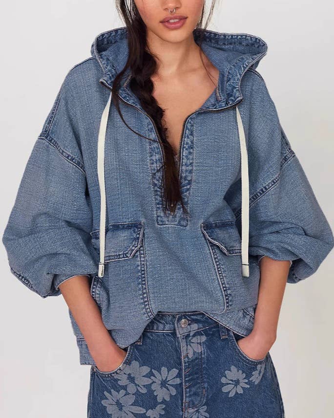 Oversized Washed Denim Pullover Hoodie