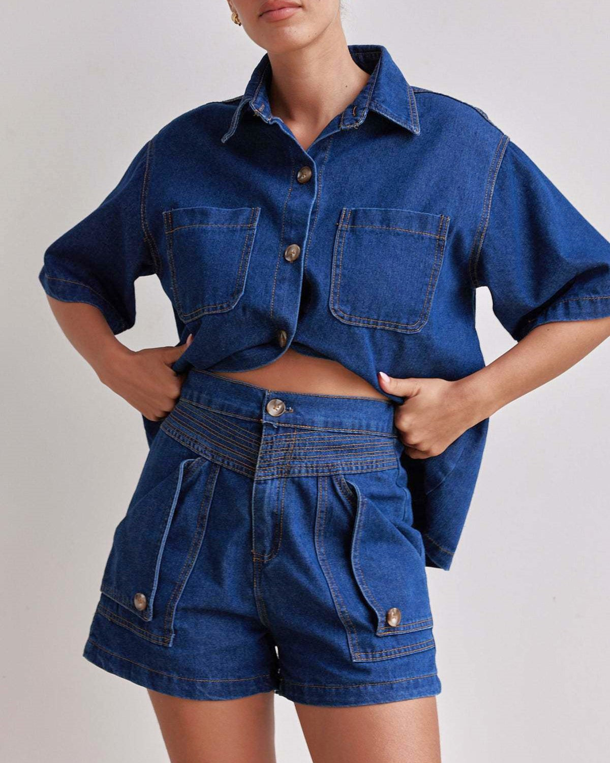 Boxy Denim Shirt High Waist Shorts Set - DkBlueSet