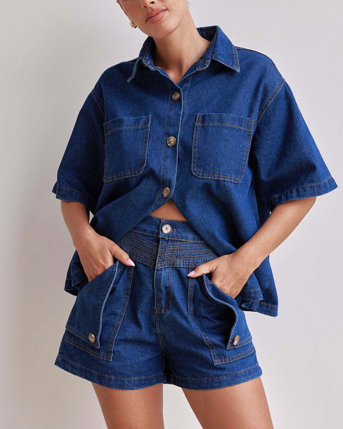 Boxy Denim Shirt High Waist Shorts Set - DkBlueSet - 1