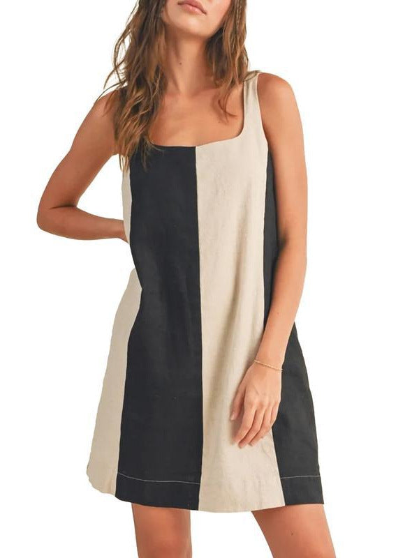 Vertical Panel Sleeveless Mini Shift Dress - Black