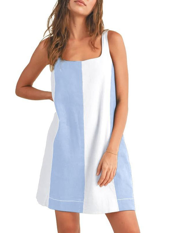 Vertical Panel Sleeveless Mini Shift Dress - Blue