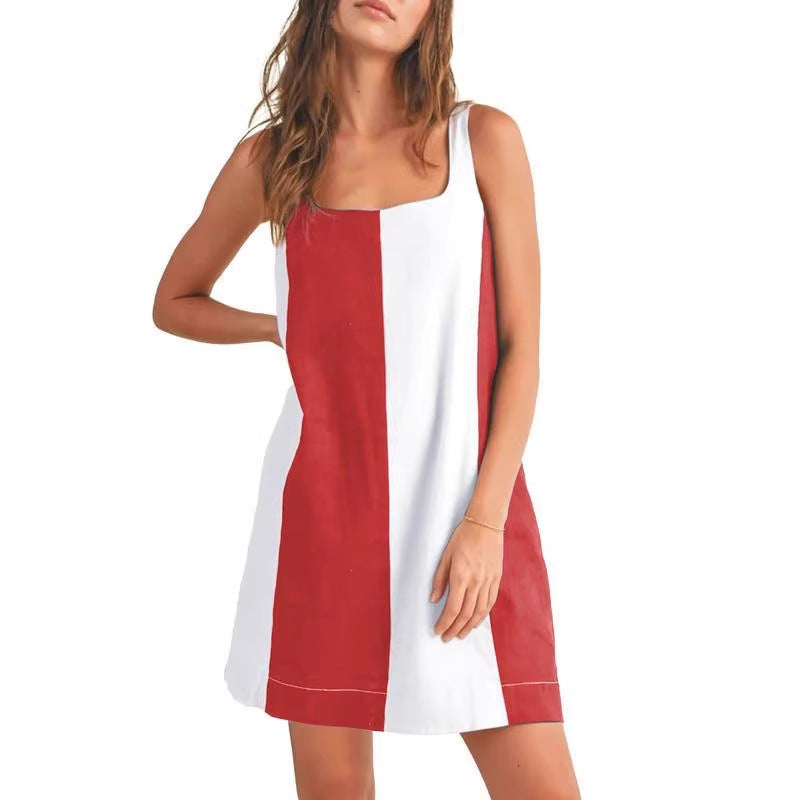 Vertical Panel Sleeveless Mini Shift Dress - Red