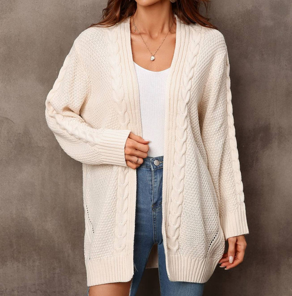 Mixed Cable Knit Longline Open Cardigan - Apricot