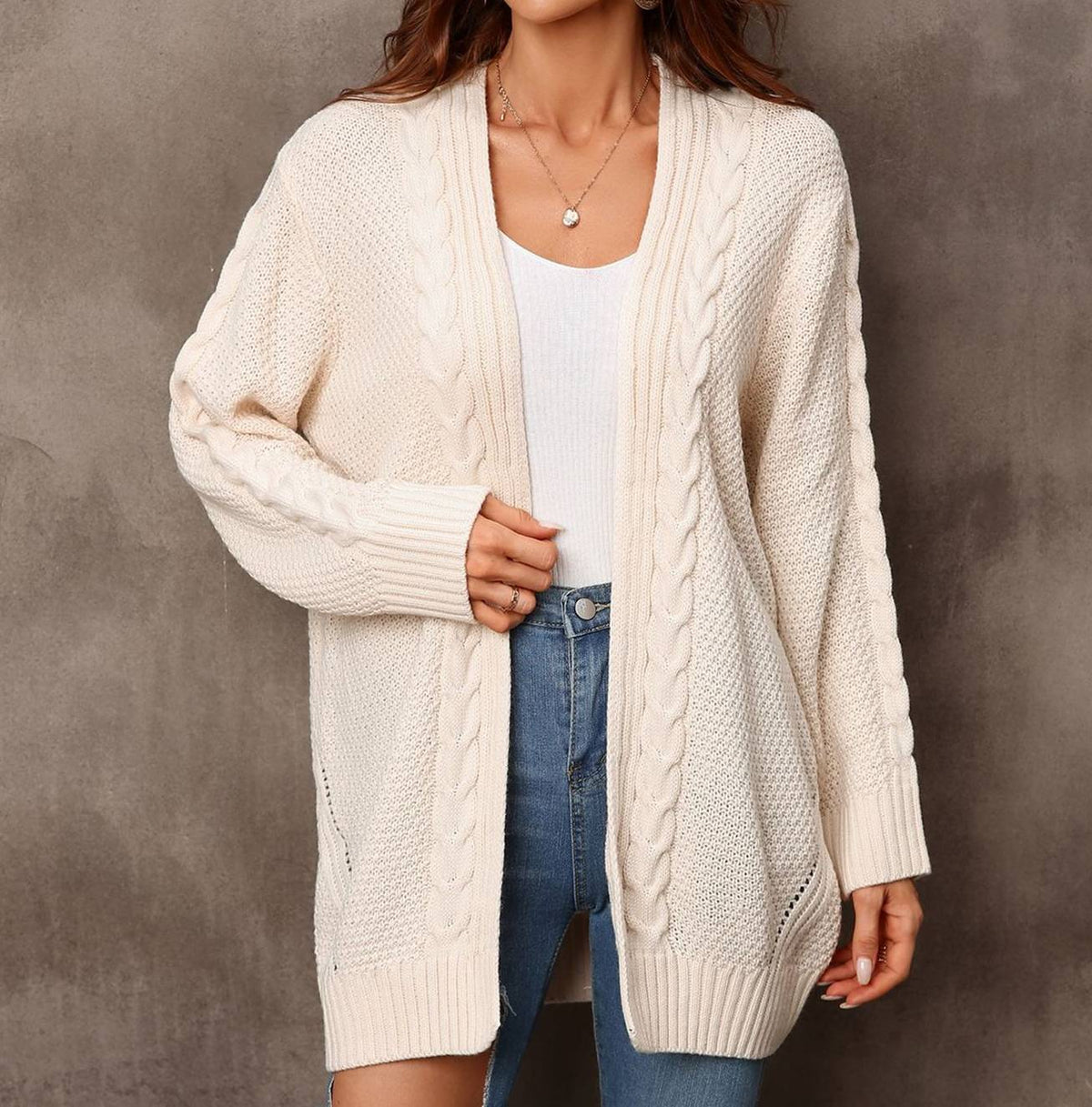 Mixed Cable Knit Longline Open Cardigan - Apricot