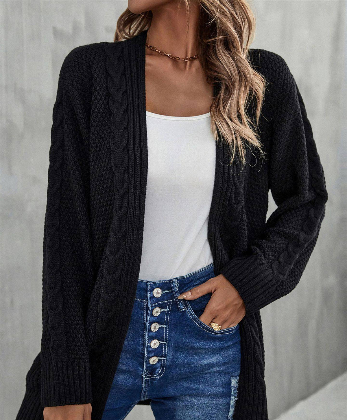 Mixed Cable Knit Longline Open Cardigan - Black