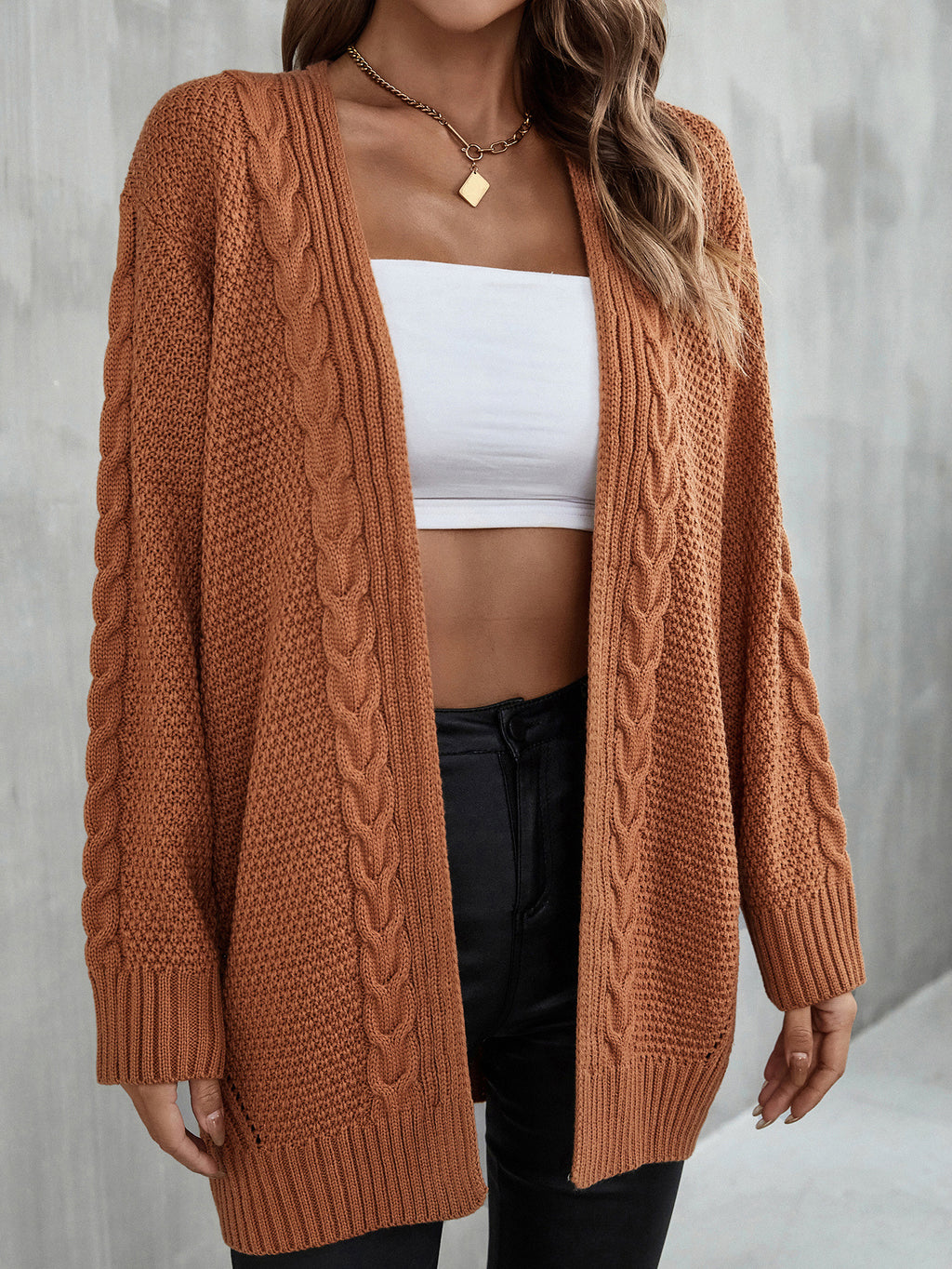 Mixed Cable Knit Longline Open Cardigan - Camel