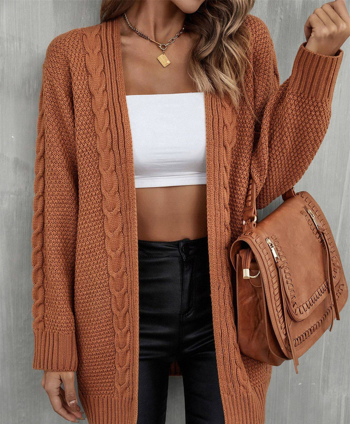 Mixed Cable Knit Longline Open Cardigan - Camel - 1