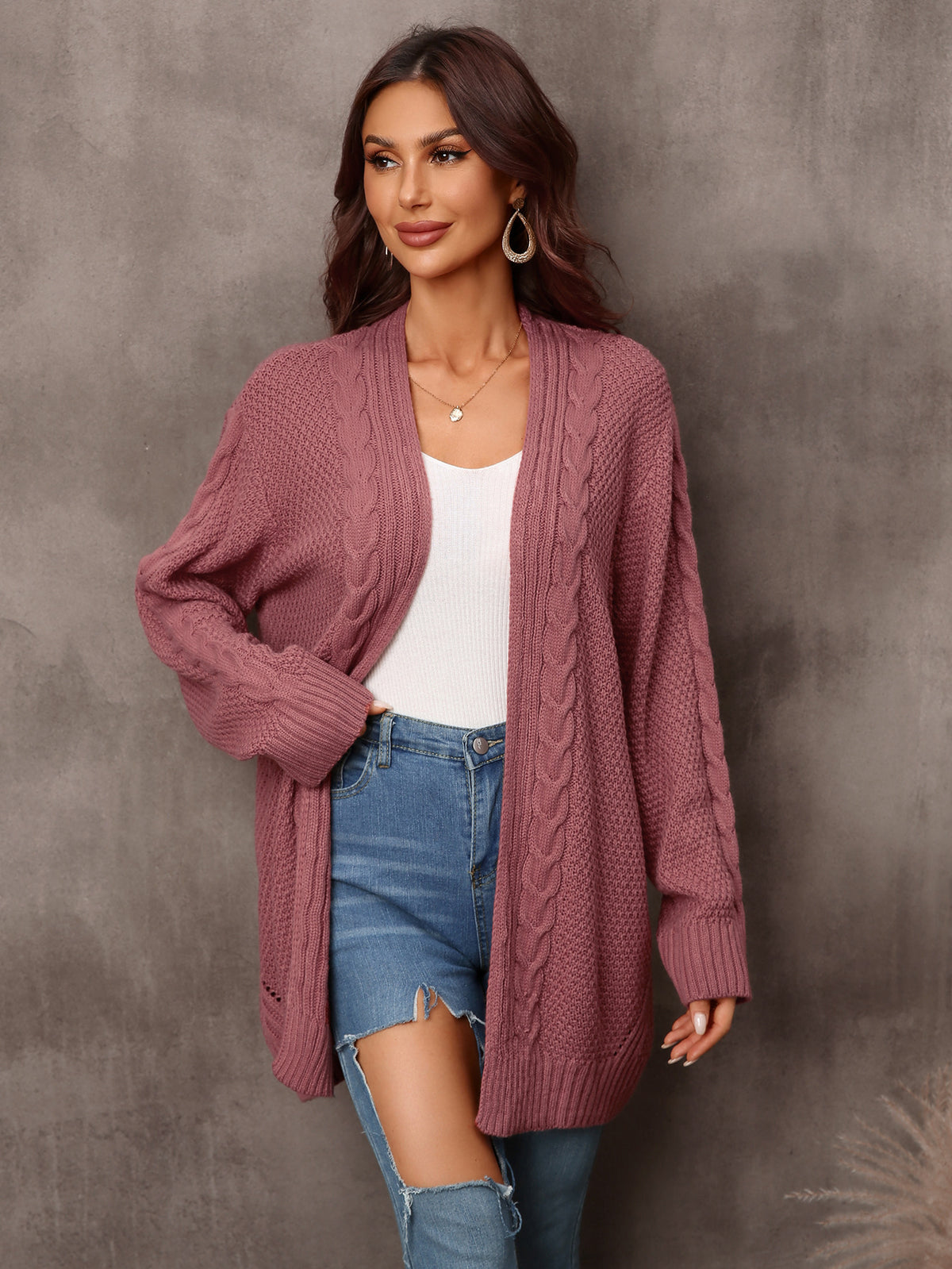 Mixed Cable Knit Longline Open Cardigan - Embroidered red