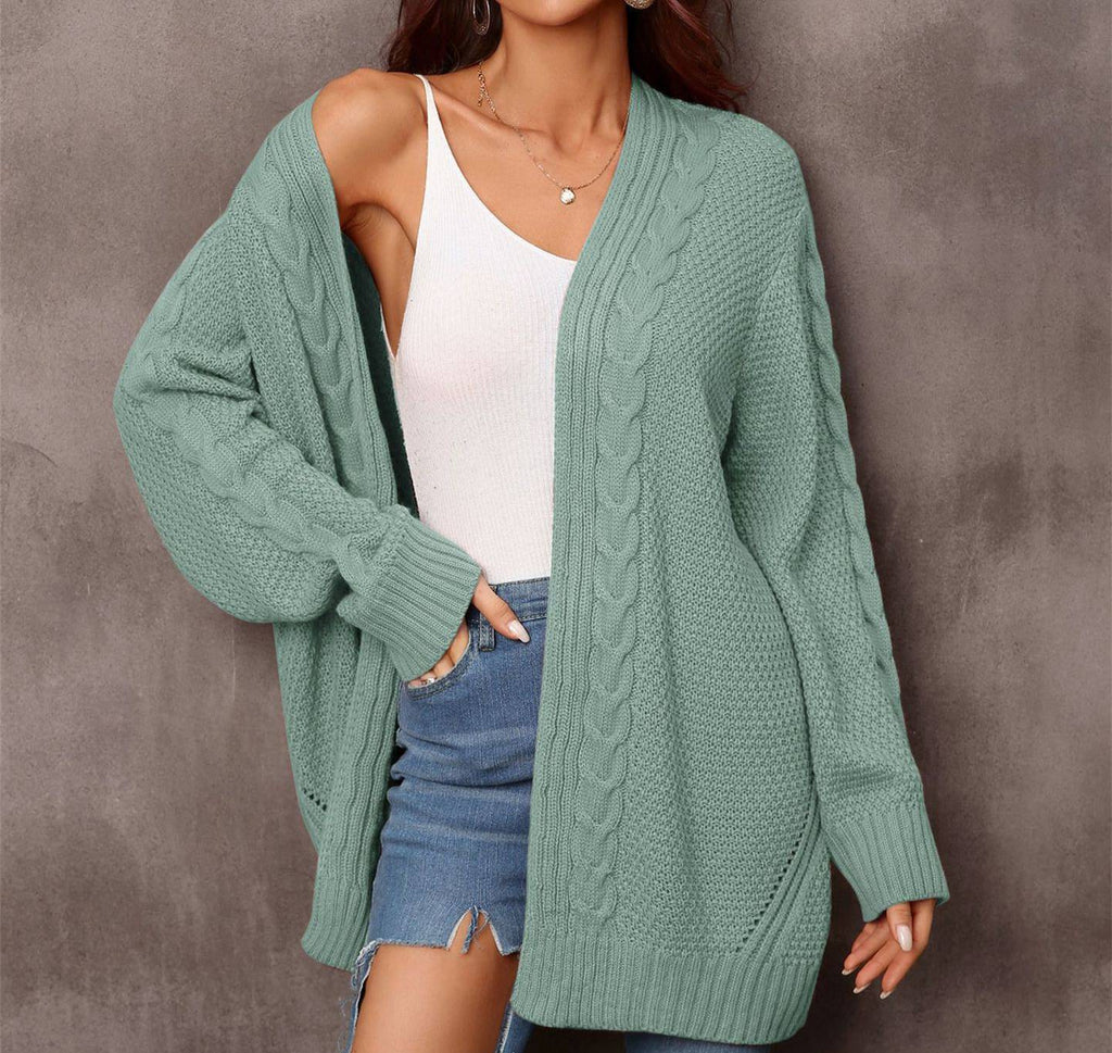 Mixed Cable Knit Longline Open Cardigan - Green